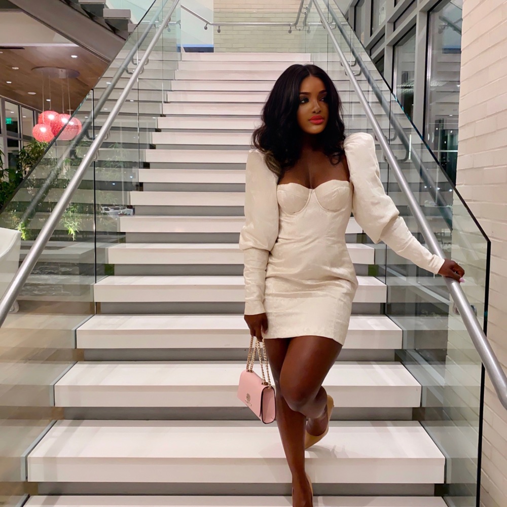 CASSIA' IVORY JACQUARD PUFF SLEEVE MINI DRESS